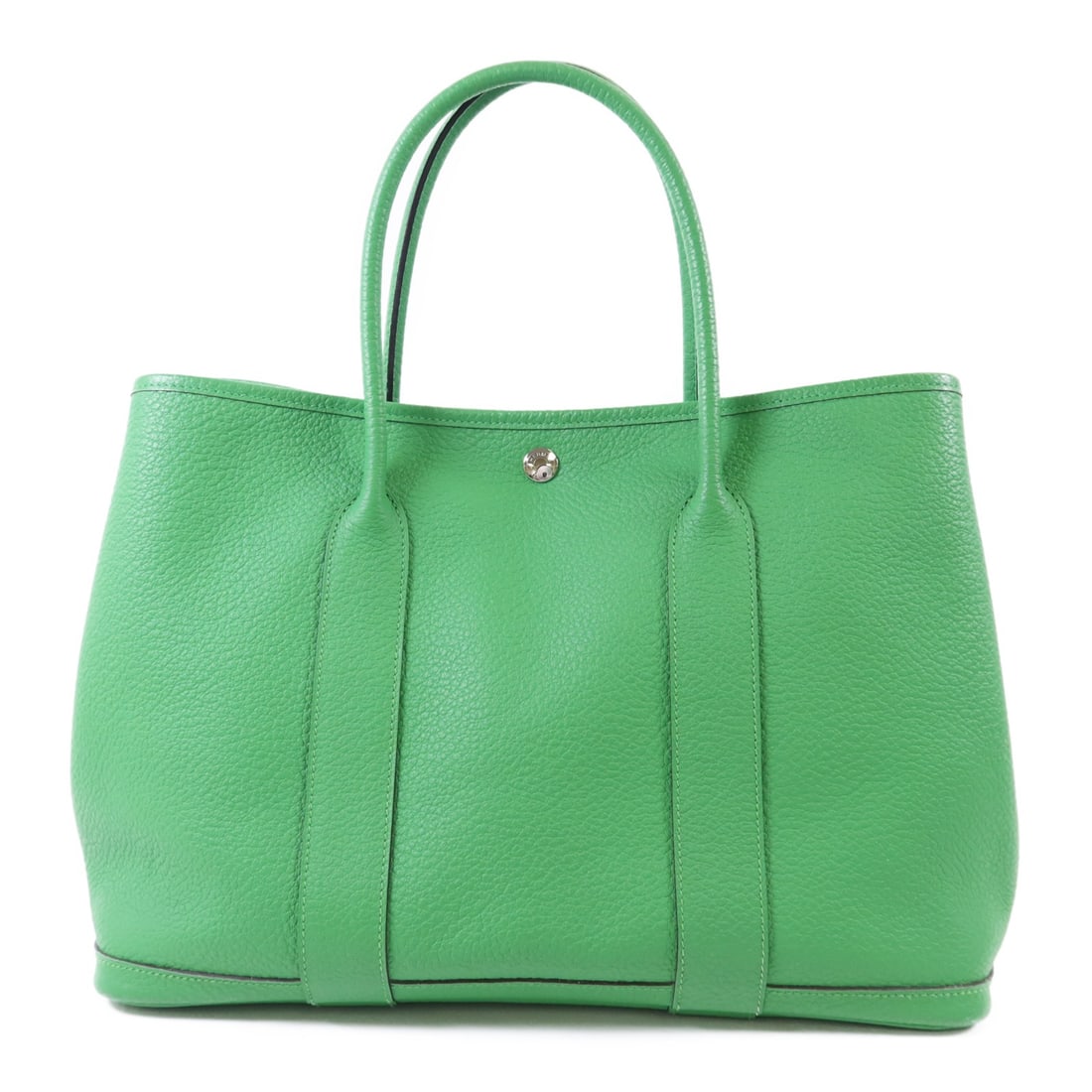 Hermes Garden Party PM Green Calfskin Tote with Palladium Hardware: Hermes Garden Party PM Green Calfskin Tote with Palladium Hardware This is an Hermes Garden Party PM handbag crafted from green calfskin leather. The bag features palladium hardware and offers a spaci