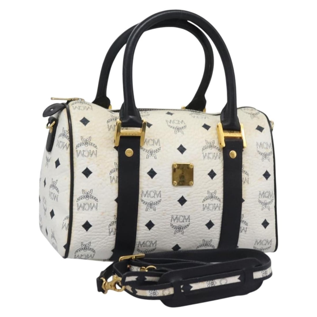 MCM White Gold Visetos PVC Leather 2way Handbag with Shoulder Strap: MCM White Gold Visetos PVC Leather 2way Handbag with Shoulder Strap This MCM Vicetos Logogram handbag is crafted from white and gold PVC leather and offers versatile carrying options with both a handl