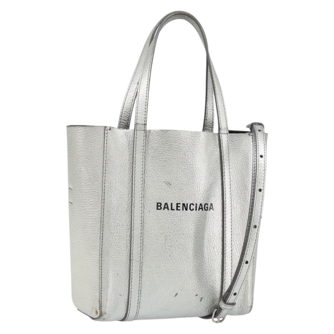 Balenciaga XXS Everyday Silver Leather 2way Tote Shoulder Bag with Strap: Balenciaga XXS Everyday Silver Leather 2way Tote Shoulder Bag with Strap This is a BALENCIAGA Everyday Tote XXS shoulder bag crafted in silver leather. The bag features a compact design with both top 