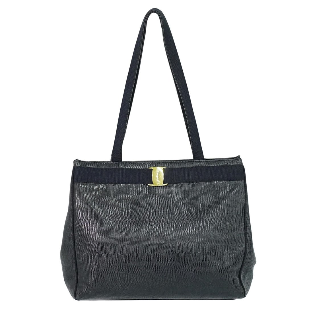 Vintage Black Vara Bow Leather Tote Bag by Salvatore Ferragamo: Vintage Black Vara Bow Leather Tote Bag by Salvatore Ferragamo This Salvatore Ferragamo Vintage Vara Bow Tote is crafted from lizard-embossed black leather and features the iconic Vara bow detail. Des