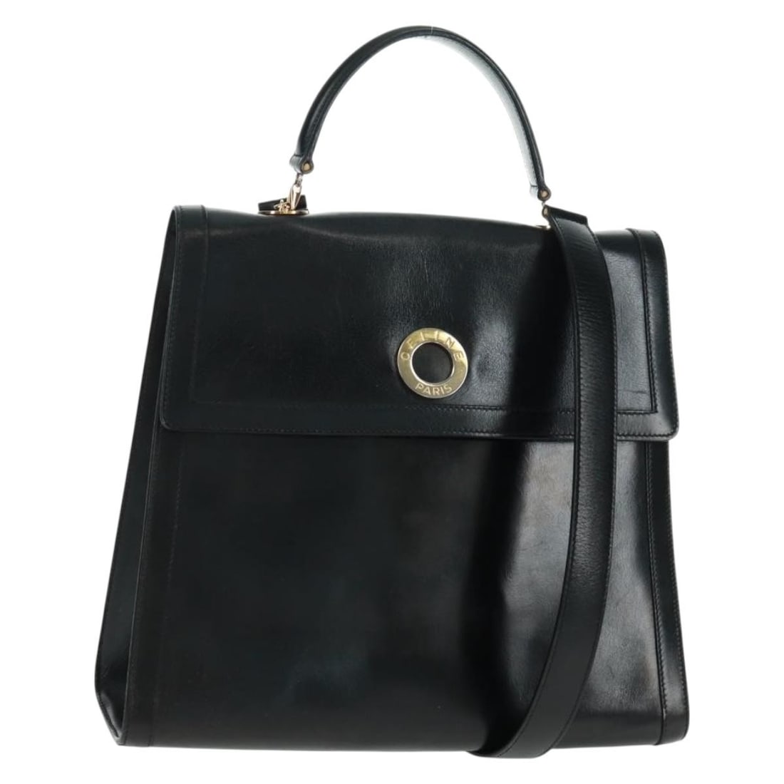 Celine Black Leather Circle 2way Handbag with Gold Accents and Shoulder Strap: Celine Black Leather Circle 2way Handbag with Gold Accents and Shoulder Strap This CELINE Circle handbag features a versatile 2-way design crafted from black leather with gold-tone accents. It comes w