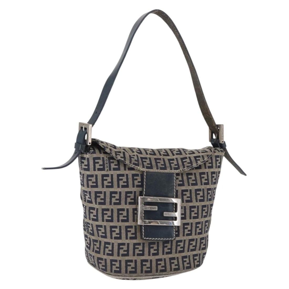 Navy Zucchino Canvas Mamma Baguette Shoulder Bag by Fendi: Navy Zucchino Canvas Mamma Baguette Shoulder Bag by Fendi This FENDI Mamma Baguette shoulder bag features the iconic Zucchino canvas in navy and silver tones. Crafted in Italy, it offers a classic sil