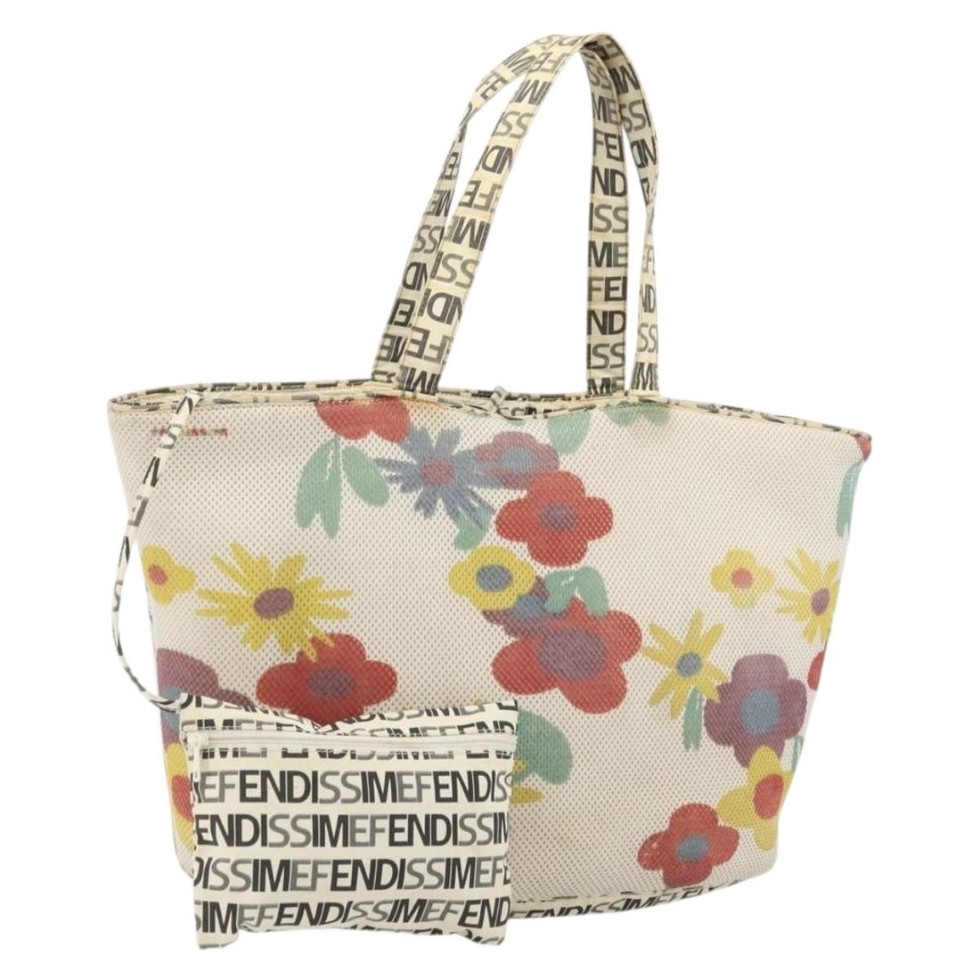 Fendi Fendissime White Nylon Tote with Pouch: Fendi Fendissime White Nylon Tote with Pouch This FENDI FENDISSIME tote bag is crafted from white nylon and designed for women. Featuring a spacious interior and a practical pouch accessory, the bag o