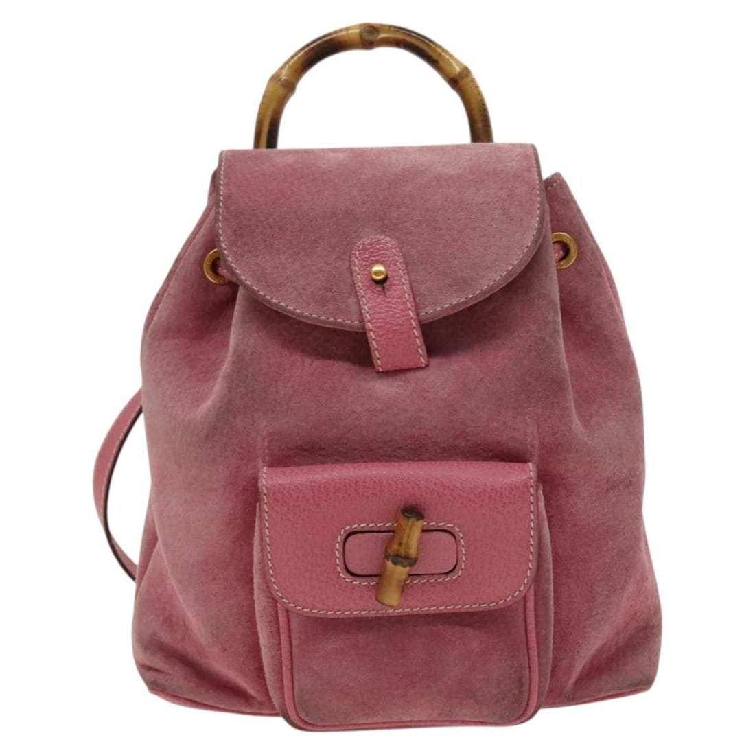 Gucci Bamboo Pink Suede Backpack for Women: Gucci Bamboo Pink Suede Backpack for Women This Gucci bamboo backpack features a pink suede exterior with bamboo accents, designed for women. The bag shows signs of wear including surface deformation,
