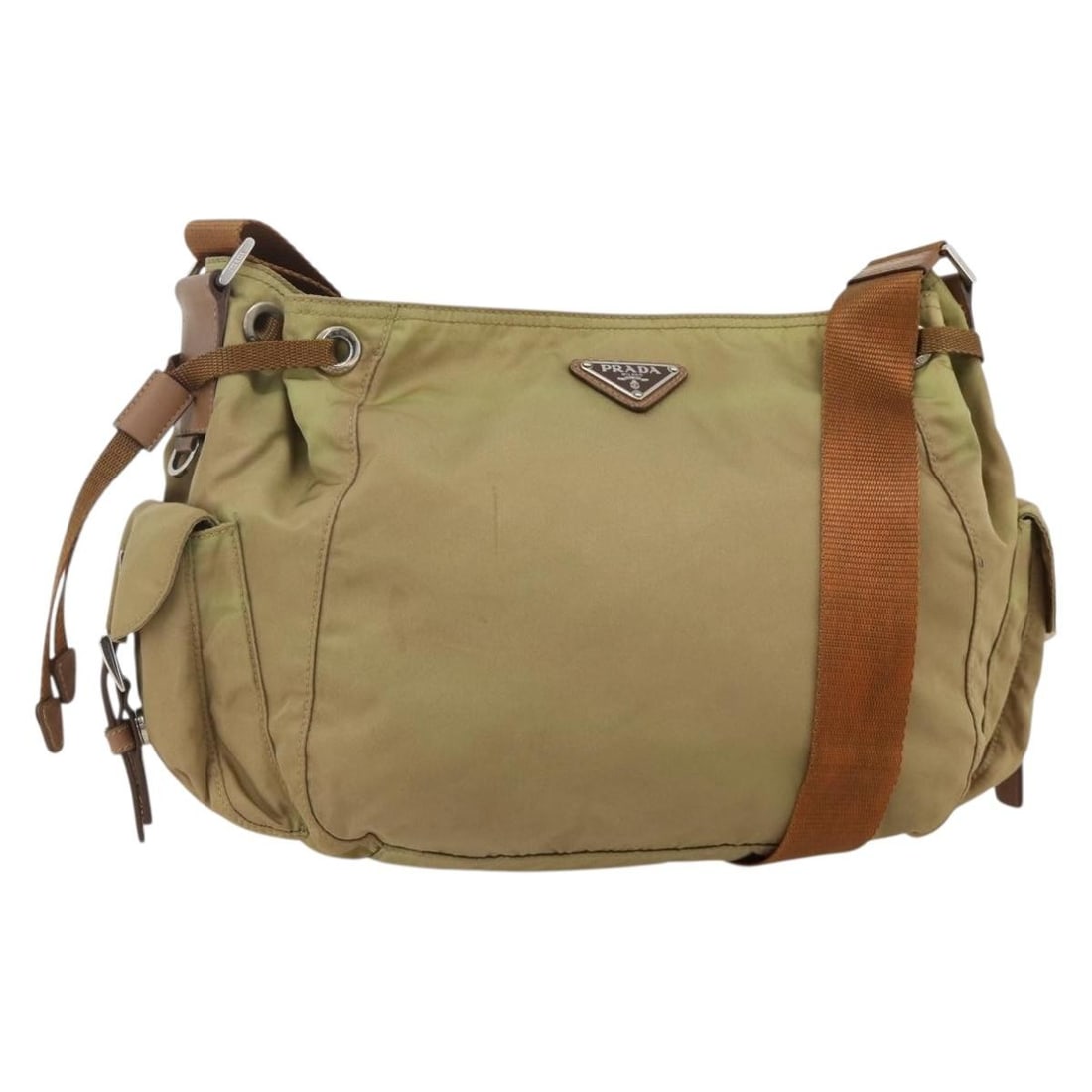 Prada Nylon Khaki Silver Shoulder Bag with Guarantee Card: Prada Nylon Khaki Silver Shoulder Bag with Guarantee Card This PRADA shoulder bag is crafted from khaki nylon with silver-tone accents. Designed for women, it features an adjustable shoulder strap and