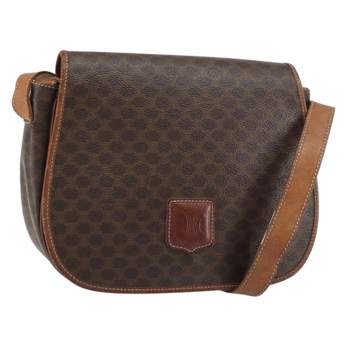 CELINE Macadam Canvas Shoulder Bag PVC Leather Brown Gold Made in Italy: CELINE Macadam Canvas Shoulder Bag PVC Leather Brown Gold Made in Italy This authentic CELINE Macadam Canvas Shoulder Bag is a stylish accessory crafted in Italy. Made from durable PVC leather with a 