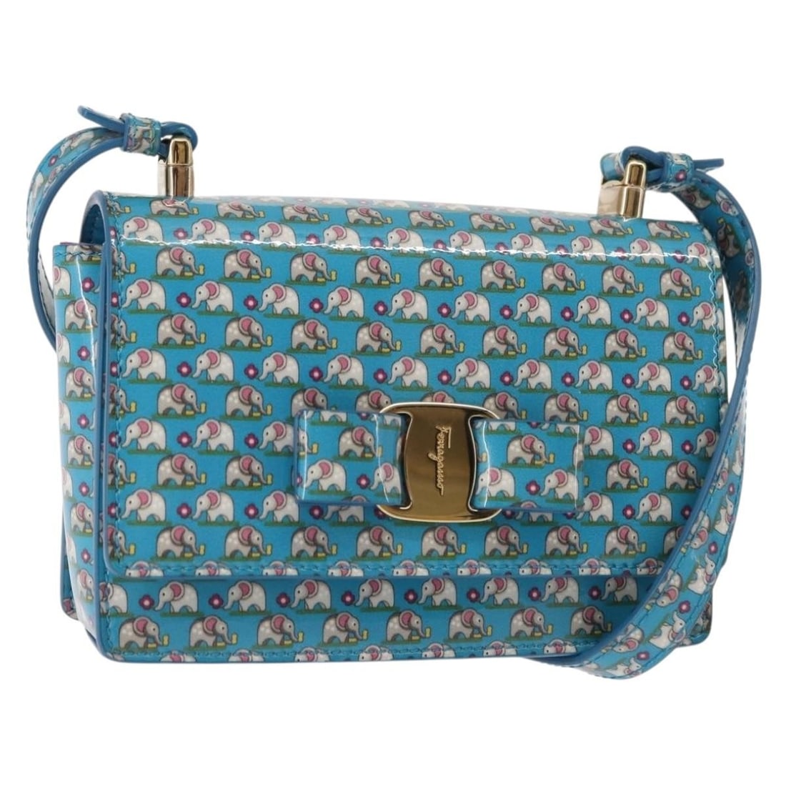 Salvatore Ferragamo Vala Blue Gold Enamel Shoulder Bag: Salvatore Ferragamo Vala Blue Gold Enamel Shoulder Bag This Salvatore Ferragamo Vala shoulder bag features a blue and gold enamel exterior with gold-tone accents. Made in Italy, it is designed for wom