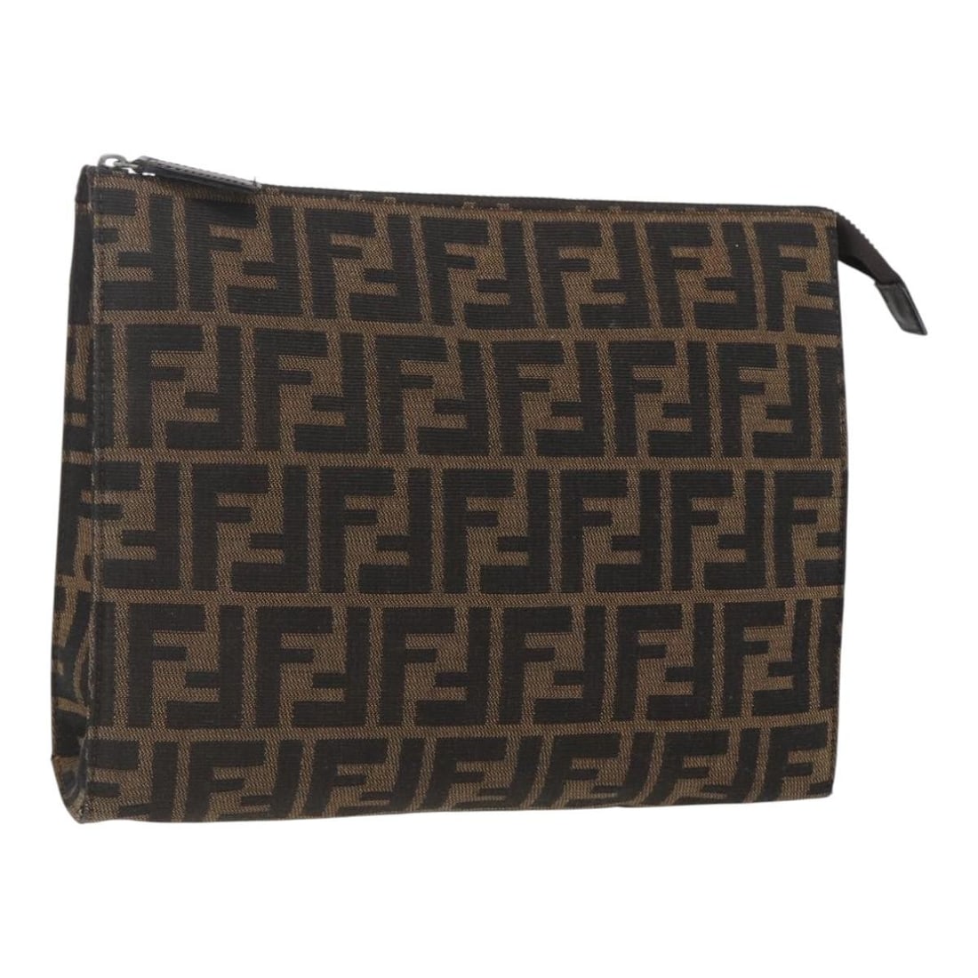 Zucca Canvas Black Brown Pouch by FENDI for Women: Zucca Canvas Black Brown Pouch by FENDI for Women This FENDI Zucca Canvas pouch features the iconic black and brown Zucca pattern, crafted from canvas. Designed for women, the pouch offers a spacious 