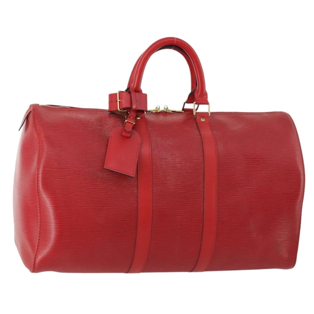 Red Epi Leather Keepall 50 Boston Bag by Louis Vuitton M42967: Red Epi Leather Keepall 50 Boston Bag by Louis Vuitton M42967 This Louis Vuitton Epi Keepall 50 Boston bag features a striking red Epi leather exterior and classic Boston bag style. It is designed for