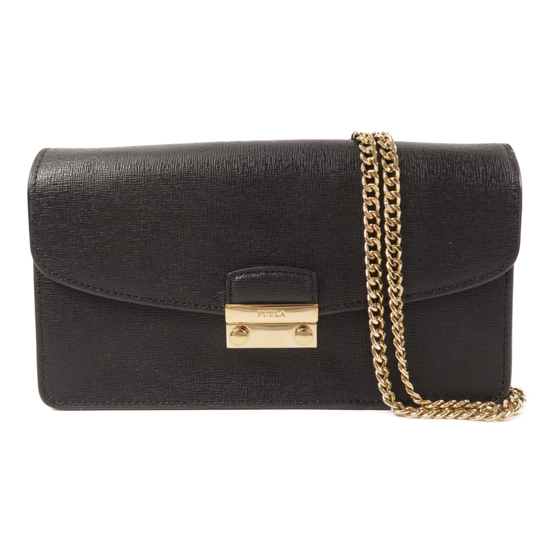 Furla black calfskin shoulder bag with chain strap GHW: Furla black calfskin shoulder bag with chain strap GHW This Furla shoulder bag features a sleek black calfskin leather exterior accented with gold-tone chain hardware. Designed for women, it offers a 