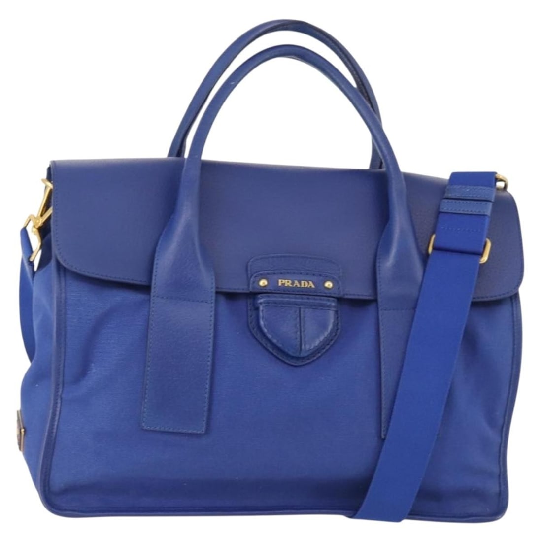 Blue and Gold PRADA Leather Handbag with Shoulder Strap Two Way Style: Blue and Gold PRADA Leather Handbag with Shoulder Strap Two Way Style This PRADA handbag is crafted from leather and features a blue and gold exterior. Designed for women, it offers both hand and shou