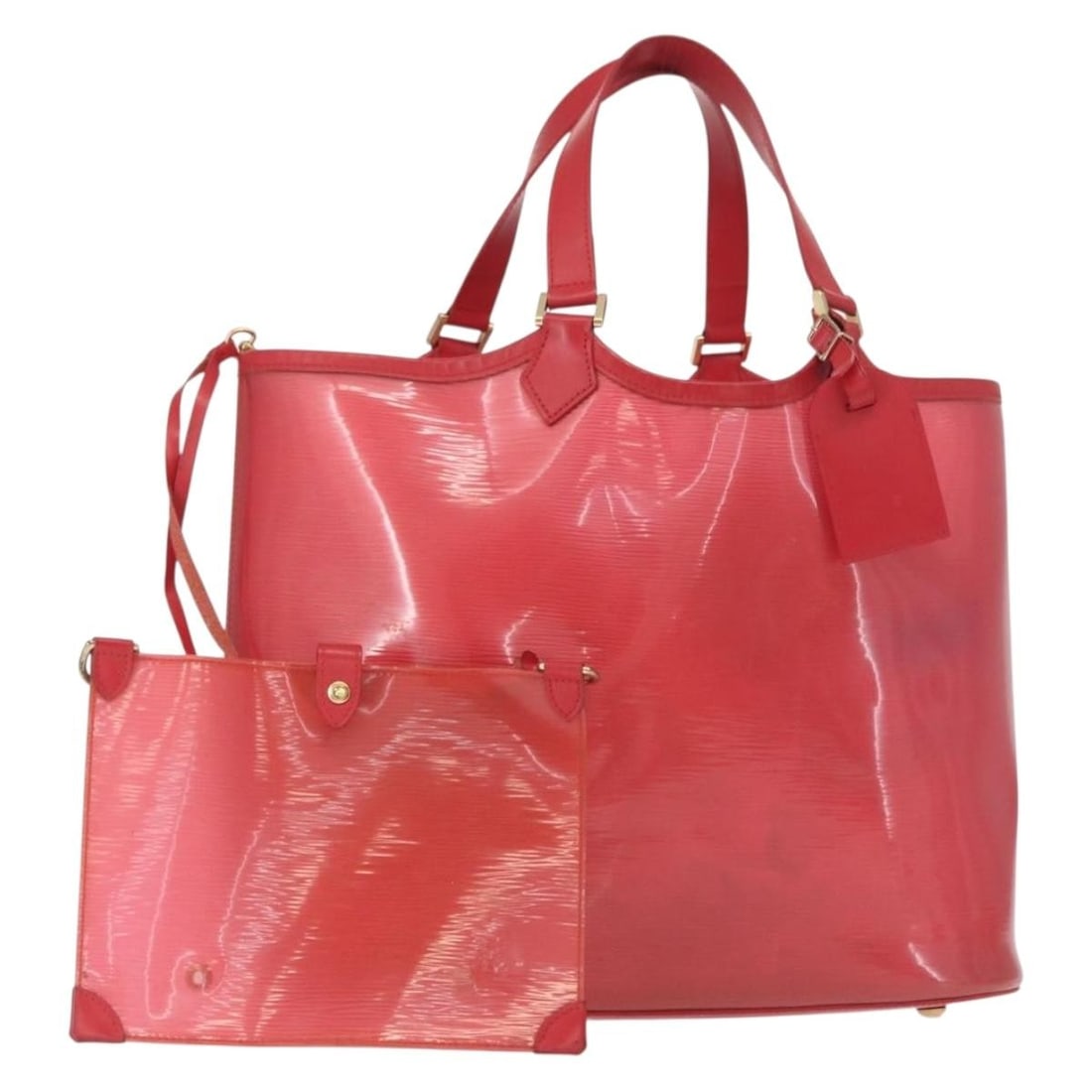 Red Vinyl Epi Plage Lagoon Bay Tote by Louis Vuitton M92150 with Name Tag Pouch: Red Vinyl Epi Plage Lagoon Bay Tote by Louis Vuitton M92150 with Name Tag Pouch This Louis Vuitton Epi Plage Lagoon Bay tote bag features a durable red vinyl exterior and comes with both a name tag an