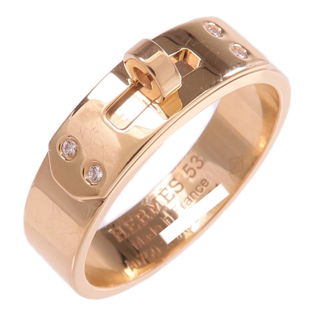 Diamond Kelly Ring in 18K Rose Gold by Hermes Size 6.5: Diamond Kelly Ring in 18K Rose Gold by Hermes Size 6.5 This Hermes Kelly ring is crafted from 18K pink (rose) gold and features a diamond accent. Designed for women, the ring is a size US 6.5 and show