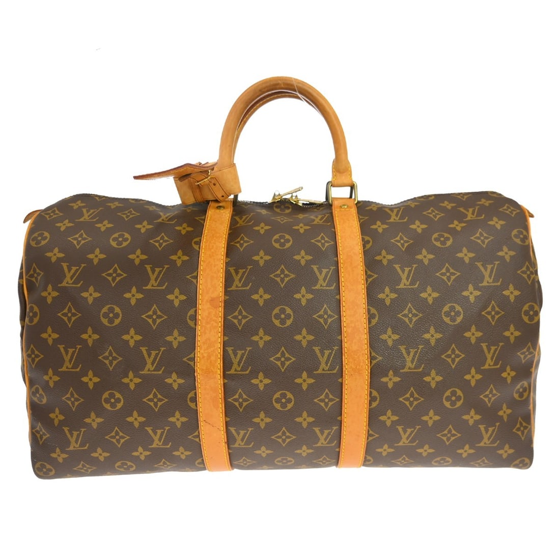 Louis Vuitton Keepall Monogram Canvas Travel Duffel 50cm: Louis Vuitton Keepall Monogram Canvas Travel Duffel 50cm This Louis Vuitton Keepall Bag features the iconic Monogram Canvas in brown and is designed for unisex use. The bag shows visible signs of wear