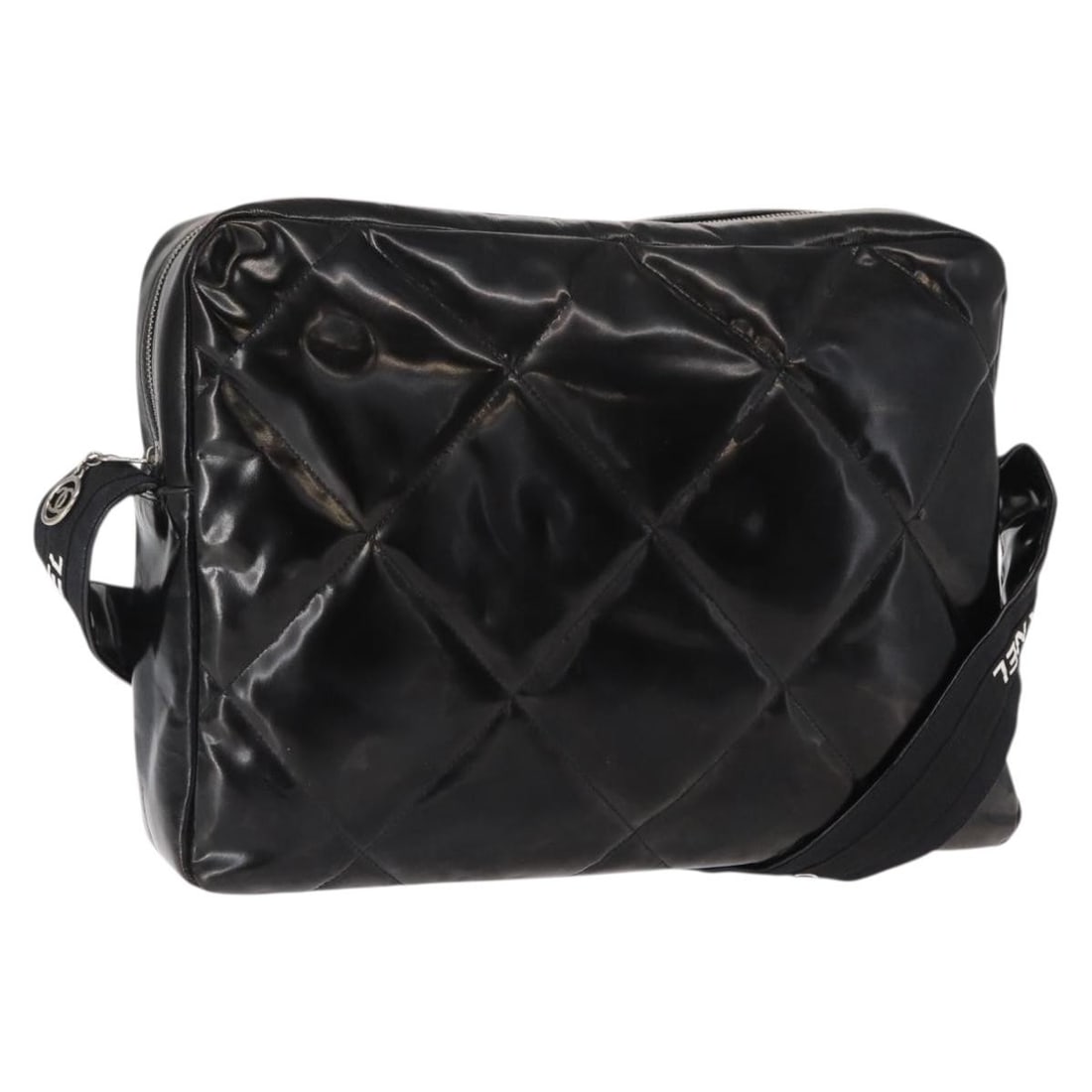 CHANEL Black Silver Enamel Matelasse Shoulder Bag with Auth Card: CHANEL Black Silver Enamel Matelasse Shoulder Bag with Auth Card This CHANEL Matelasse Shoulder Bag combines elegance with functionality, featuring a stunning black and silver enamel exterior. Crafted
