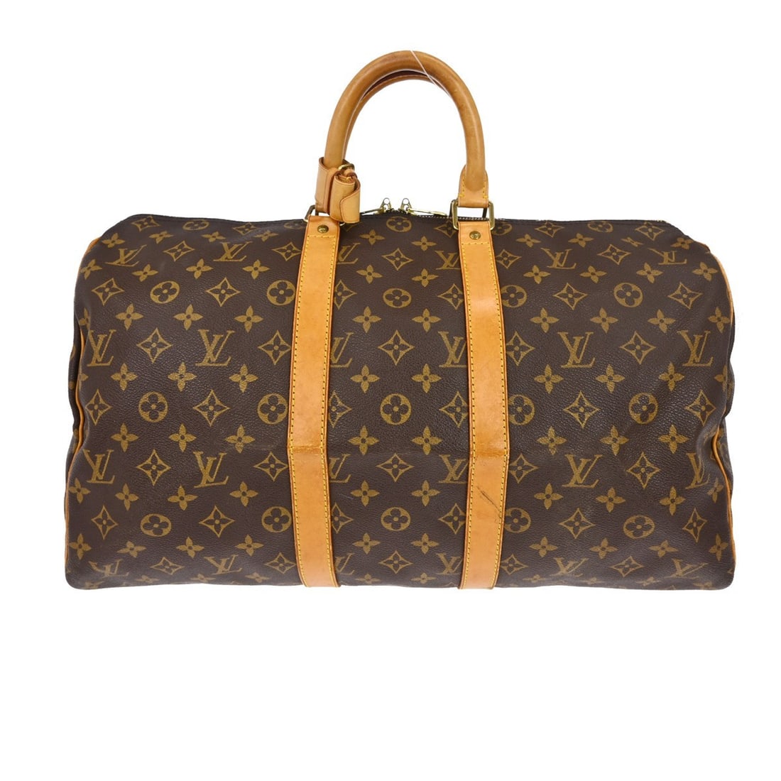 Louis Vuitton Keepall Monogram Canvas Travel Bag: Louis Vuitton Keepall Monogram Canvas Travel Bag This Louis Vuitton Keepall Bag features the iconic monogram canvas in brown, designed for unisex use. The bag shows visible signs of wear, including sc