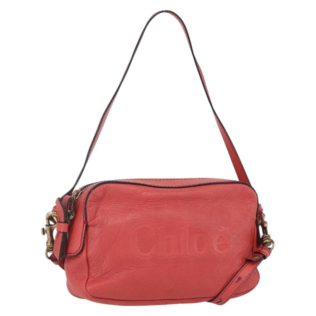 Chloe Shadow Leather Shoulder Bag Gold Coral Red Auth GH1428: Chloe Shadow Leather Shoulder Bag Gold Coral Red Auth GH1428 The Chloe Shadow Shoulder Bag is an elegant accessory crafted from high-quality leather in a striking gold and coral red color combination.