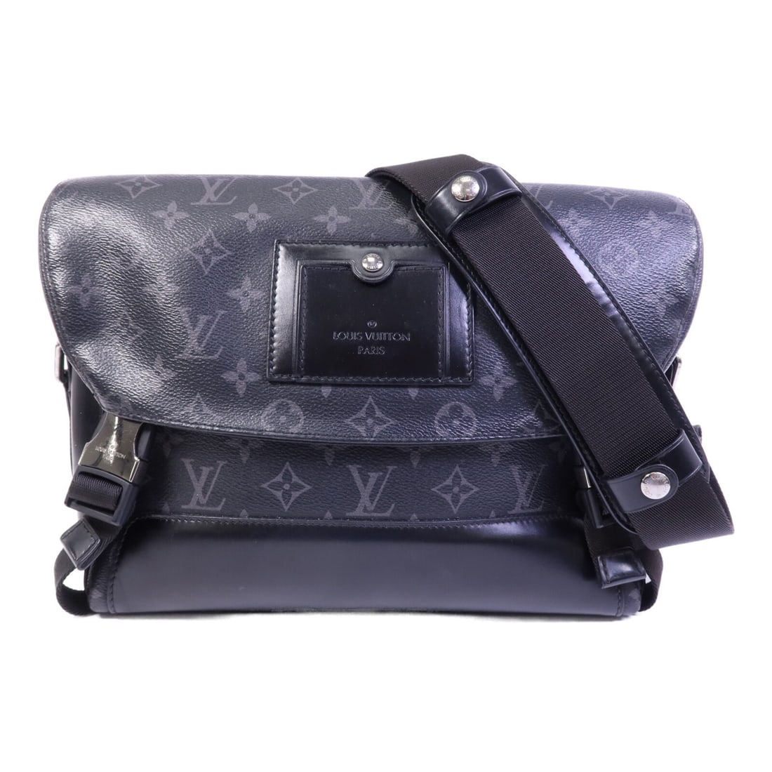 Louis Vuitton Voyager PM Monogram Eclipse Black Messenger Shoulder Bag: Louis Vuitton Voyager PM Monogram Eclipse Black Messenger Shoulder Bag This LOUIS VUITTON Messenger PM Voyager is a men's shoulder bag crafted from black PVC coated canvas in the Monogram Eclipse patt