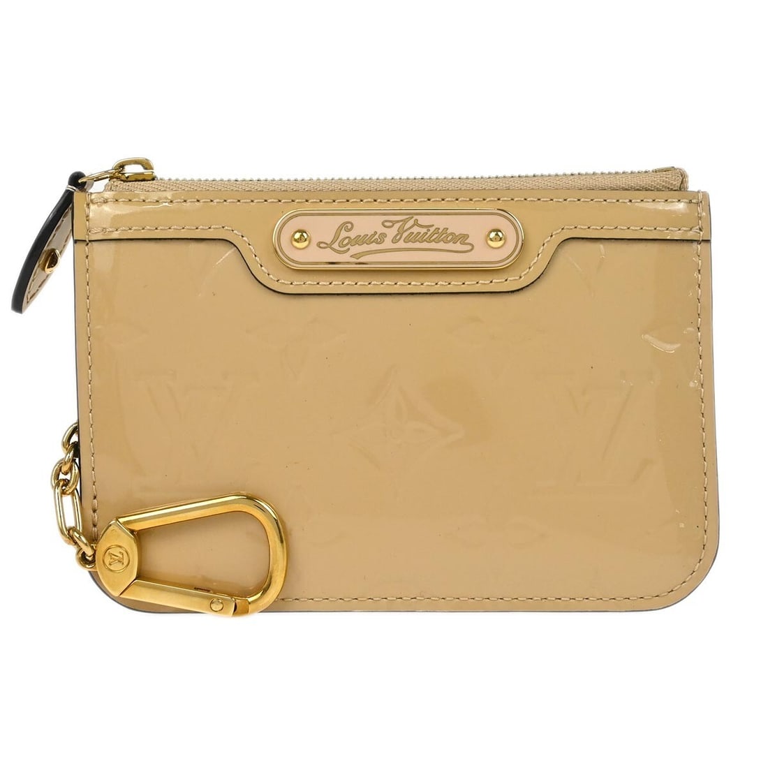 Louis Vuitton Vernis Pochette Cles NM Beige Coin Wallet M90215: Louis Vuitton Vernis Pochette Cles NM Beige Coin Wallet M90215 This Louis Vuitton Vernis Pochette Cles NM Coin Purse Wallet is a chic accessory made from monogram patent leather in a sophisticated bei