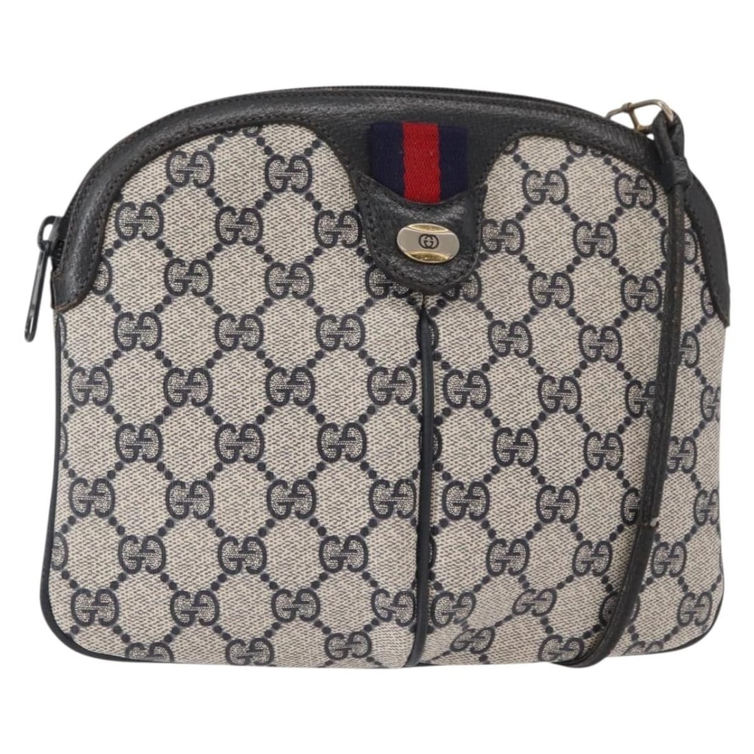 Navy GG Supreme Shoulder Bag by Gucci Sherry Line PVC Leather: Navy GG Supreme Shoulder Bag by Gucci Sherry Line PVC Leather This is a GUCCI GG Supreme Sherry Line shoulder bag, crafted from PVC leather and GG canvas in navy and gold tones. The bag features a sho