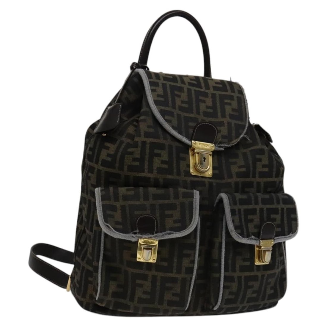 Fendi Zucca Canvas Brown Black Backpack with Key and Clochette: Fendi Zucca Canvas Brown Black Backpack with Key and Clochette This FENDI Zucca Canvas backpack features the iconic brown and black Zucca pattern with gold accents. Designed for women, the backpack is