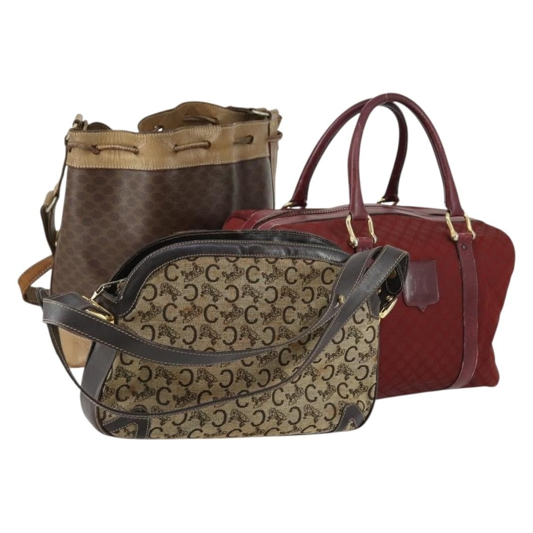 CELINE Macadam Canvas Shoulder Bag Set Brown Red Auth: CELINE Macadam Canvas Shoulder Bag Set Brown Red Auth This CELINE Macadam Canvas Shoulder Bag 3 Set combines luxury and practicality with its striking brown and red color scheme. Crafted from durable 