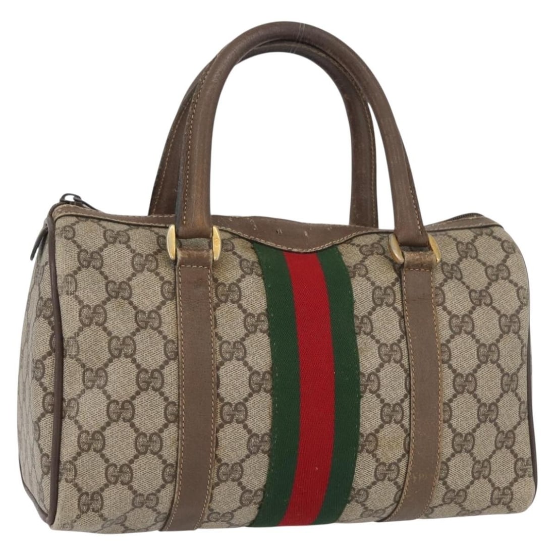 Gucci Boston Bag GG Supreme Web Sherry Line Beige PVC Leather Italy 40 02 006: Gucci Boston Bag GG Supreme Web Sherry Line Beige PVC Leather Italy 40 02 006 This is a GUCCI GG Supreme Web Sherry Line Boston Bag featuring beige and gold-toned PVC leather and GG canvas. Designed f