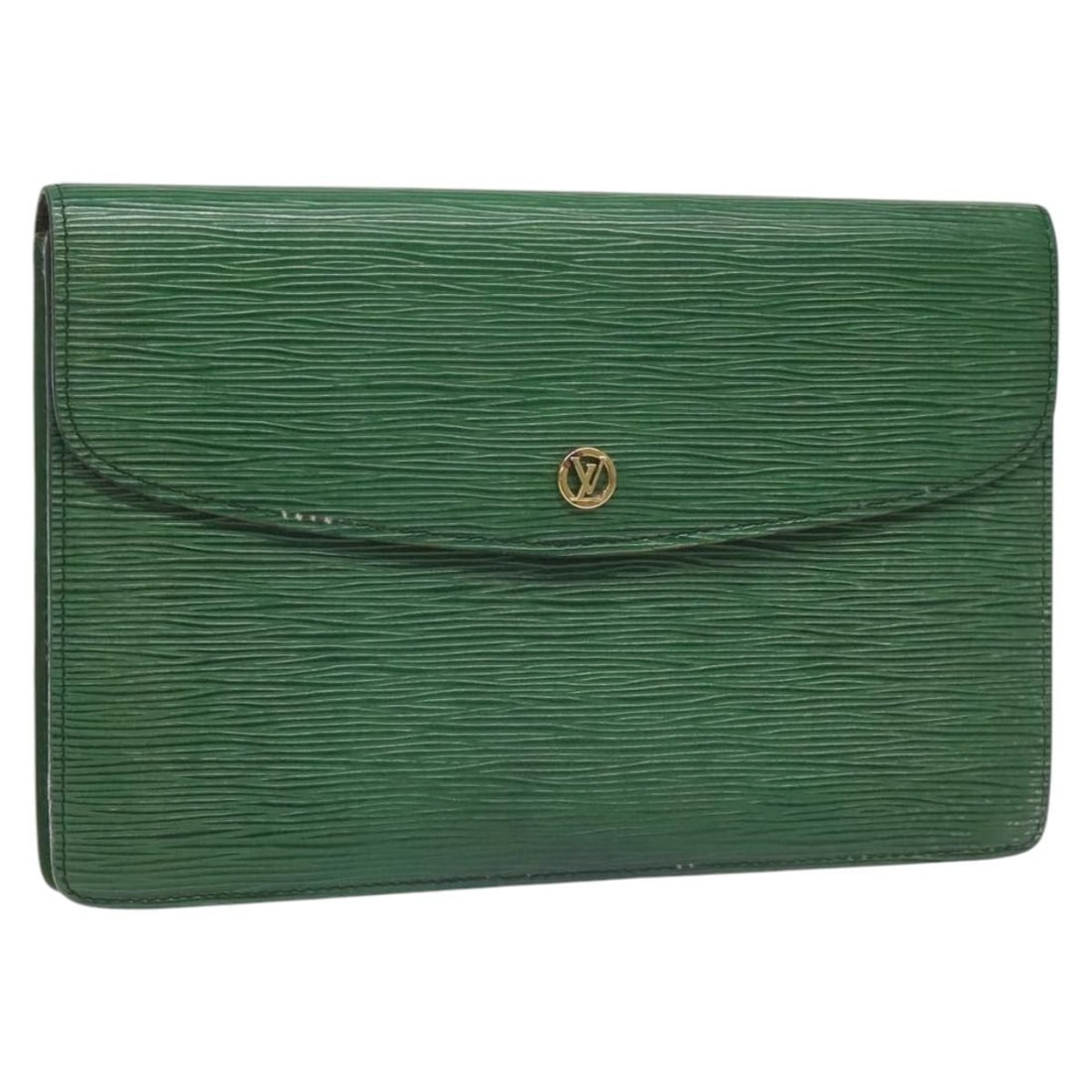 Epi Leather Montaigne 27 Green Clutch by Louis Vuitton France M52654: Epi Leather Montaigne 27 Green Clutch by Louis Vuitton France M52654 This is a Louis Vuitton Epi Montaigne 27 clutch bag in green, crafted from durable Epi leather. The clutch features a structured si