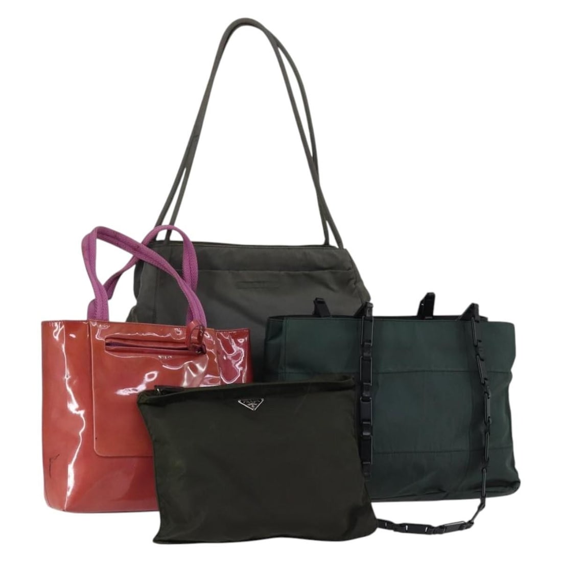 PRADA Nylon Shoulder Bag 4Set Pink Khaki Green with Guarantee Card: PRADA Nylon Shoulder Bag 4Set Pink Khaki Green with Guarantee Card This authentic PRADA shoulder bag is a stylish blend of functionality and luxury. Crafted from durable nylon, it features a unique co