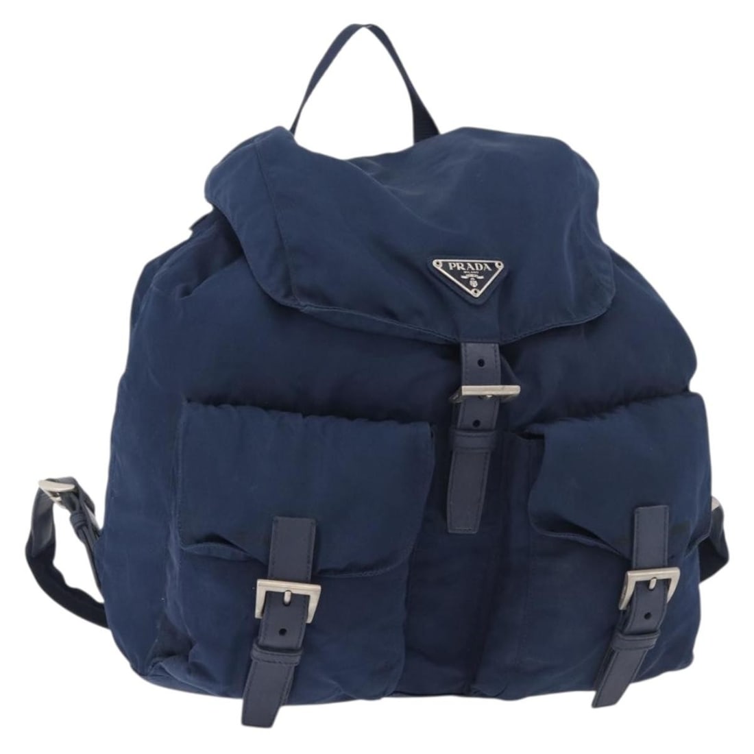 Prada Nylon Navy Silver Backpack with Guarantee Card: Prada Nylon Navy Silver Backpack with Guarantee Card This PRADA backpack features a navy and silver nylon exterior, designed for women. Made in Italy, it has approximate dimensions of 11.4 x 11.4 x 5.