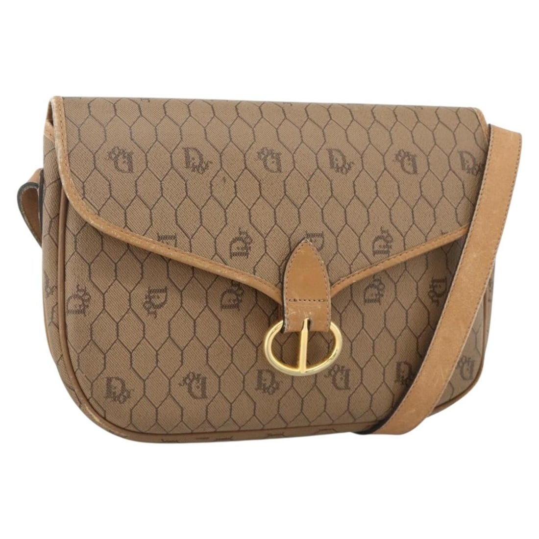 Beige Honeycomb Canvas PVC Shoulder Bag by Christian Dior: Beige Honeycomb Canvas PVC Shoulder Bag by Christian Dior This Christian Dior shoulder bag features a distinctive honeycomb canvas design in beige and gold tones, crafted from PVC leather. Designed fo