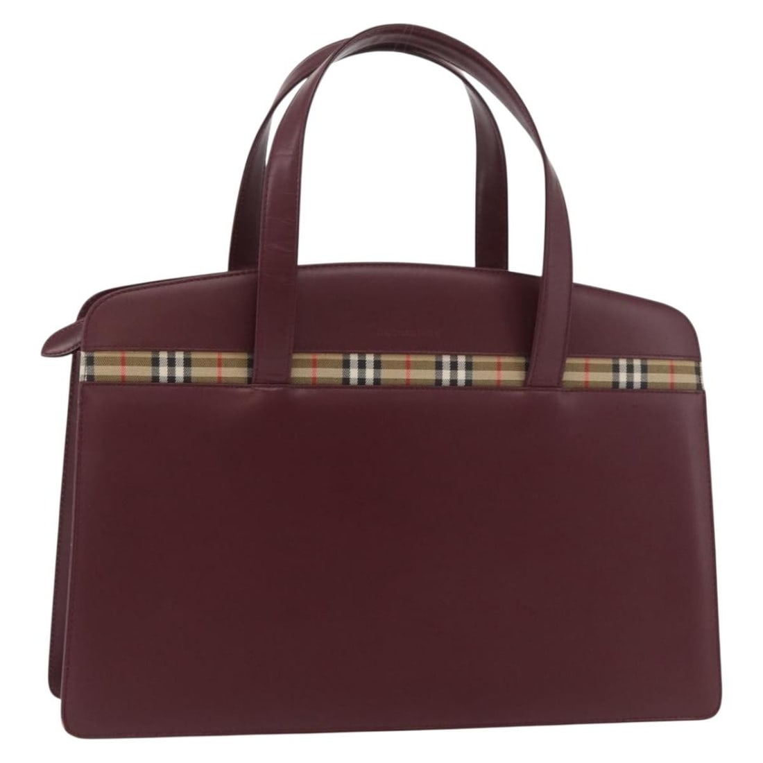 Burberry Bordeaux Silver Leather Tote with Dust Bag: Burberry Bordeaux Silver Leather Tote with Dust Bag This Burberry handbag is crafted from leather in a Bordeaux and silver color combination. Designed for women, it features a structured silhouette wi