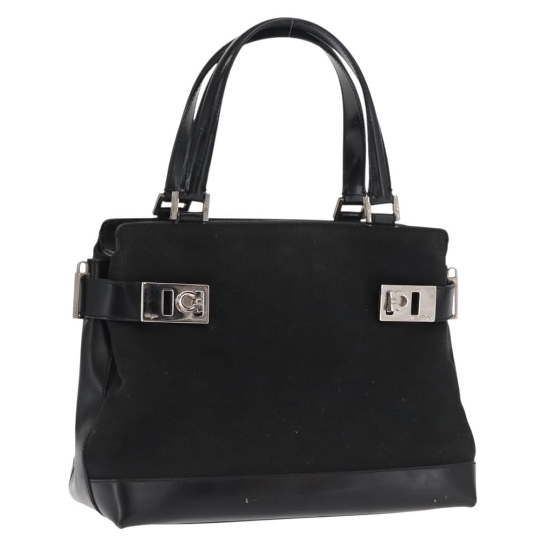 Gancini Canvas Top Handle Bag by Salvatore Ferragamo Black Silver Italy: Gancini Canvas Top Handle Bag by Salvatore Ferragamo Black Silver Italy This Salvatore Ferragamo Gancini handbag is crafted from black and silver canvas and designed for women. Made in Italy, it featu