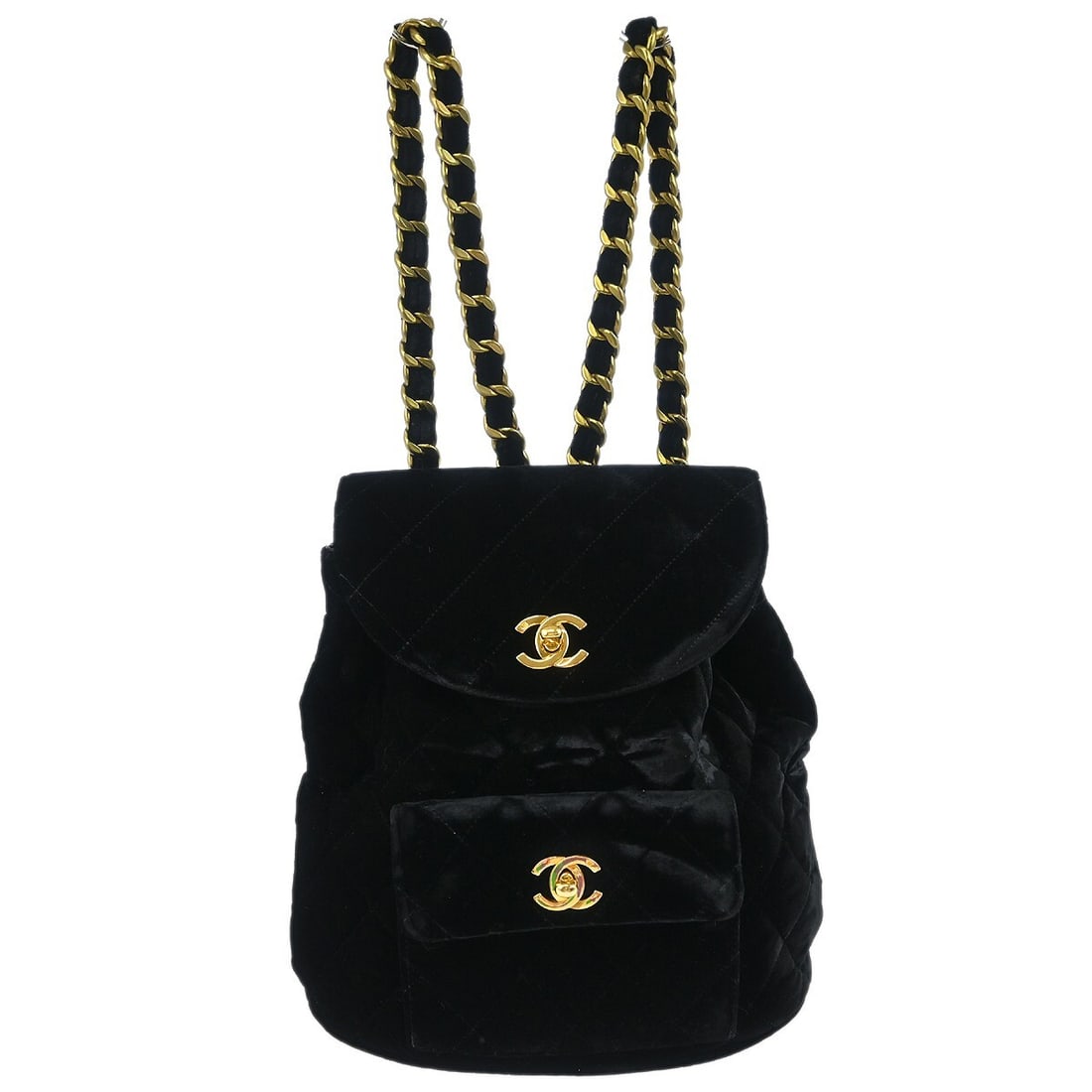 CHANEL Duma Black Velvet Backpack: CHANEL Duma Black Velvet Backpack This Chanel Duma backpack features a luxurious black velvet exterior and a classic turn lock closure. Designed in France, this small-sized backpack is both stylish an