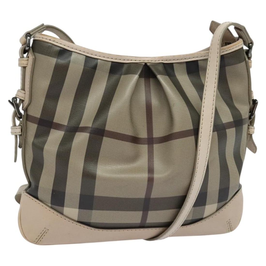 Burberry Khaki PVC Nova Check Shoulder Bag for Women: Burberry Khaki PVC Nova Check Shoulder Bag for Women This is a Burberry Nova Check shoulder bag crafted from khaki PVC leather. The bag features Burberry's signature check pattern and is designed for 
