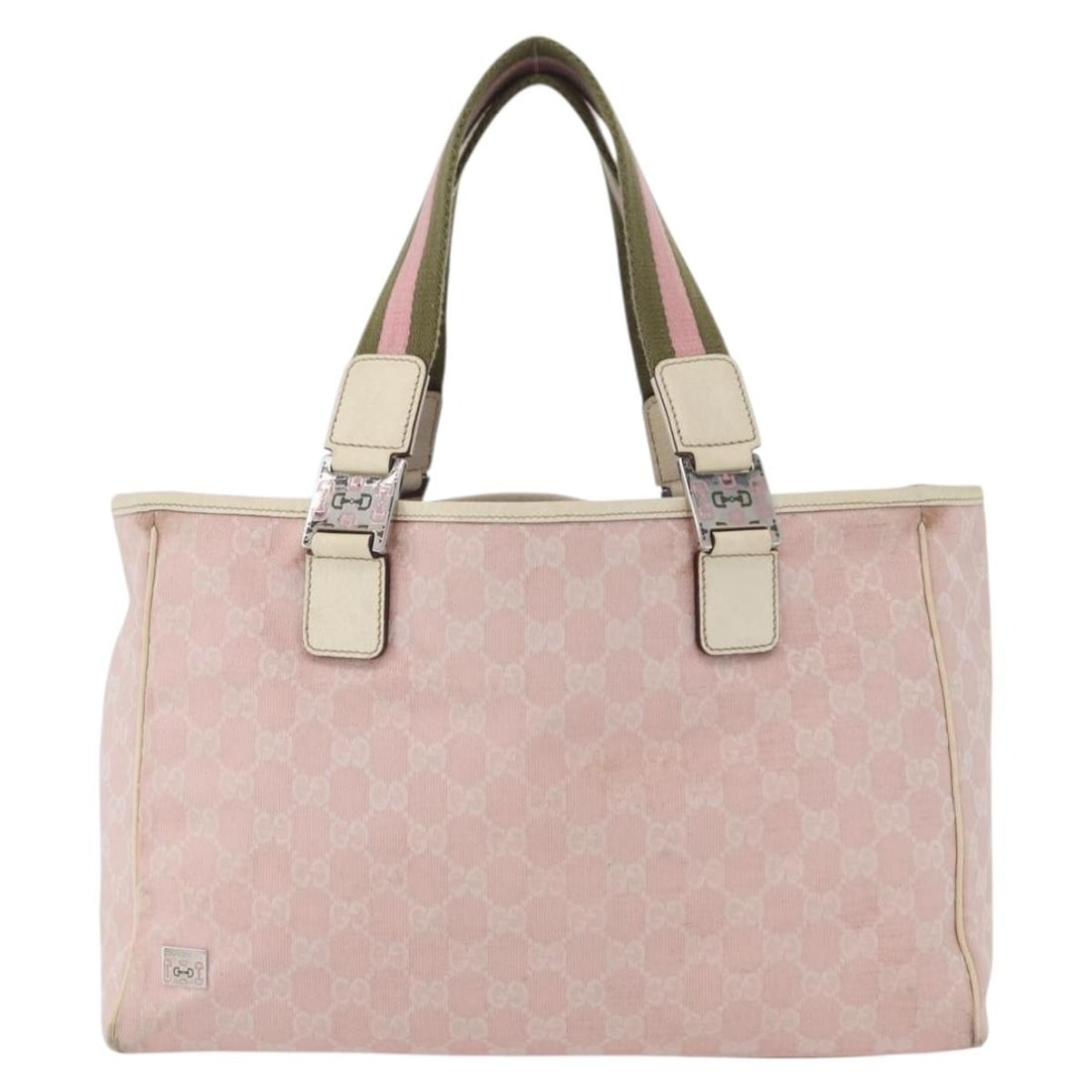 Gucci Web Handle Buckle Tote Pink Canvas: Gucci Web Handle Buckle Tote Pink Canvas This Gucci Web Handle Buckle Tote features the signature GG canvas in pink with web handles and buckle detailing. Designed for women, the tote is crafted from 