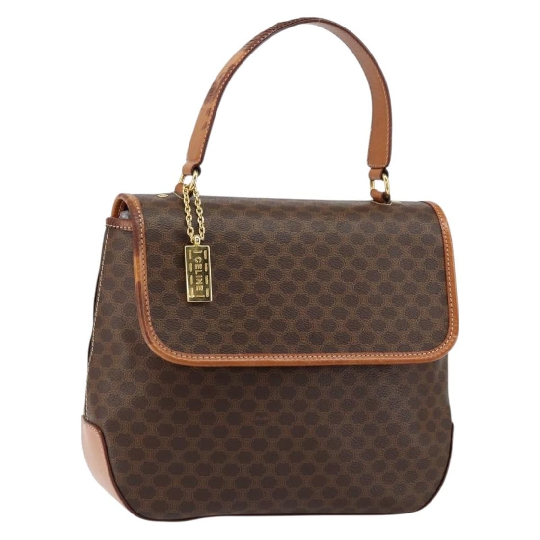 CELINE Macadam Canvas Hand Bag Brown Gold PVC Leather Italy Auth: CELINE Macadam Canvas Hand Bag Brown Gold PVC Leather Italy Auth This authentic CELINE Macadam Canvas Hand Bag showcases a luxurious blend of PVC leather and Macadam canvas in a stylish brown and gold