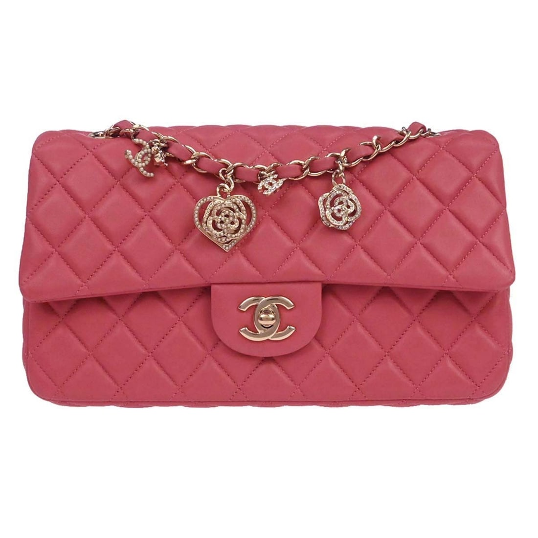 CHANEL Pink Lambskin Matelasse Medium Single Chain Shoulder Bag: CHANEL Pink Lambskin Matelasse Medium Single Chain Shoulder Bag This Chanel Pink Lambskin Valentine Medium Classic Single Flap Shoulder Bag features a quilted matelasse pattern and a turnlock closure.