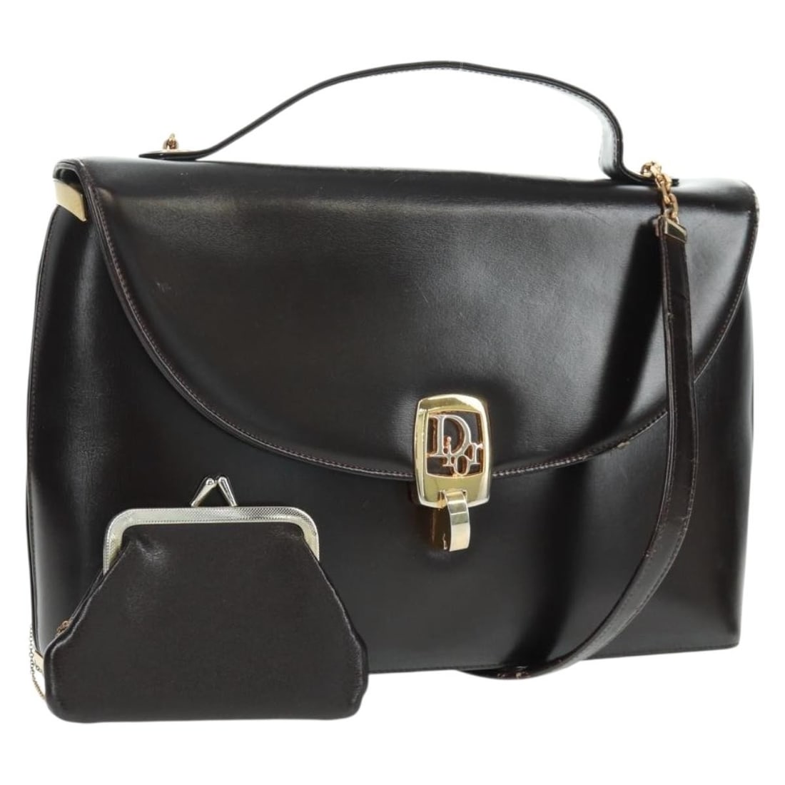 Black Enamel Christian Dior Two Way Handbag with Gold Accents and Strap: Black Enamel Christian Dior Two Way Handbag with Gold Accents and Strap This Christian Dior 2-way handbag features black enamel exterior with gold-tone accents. The bag can be carried by hand or worn 