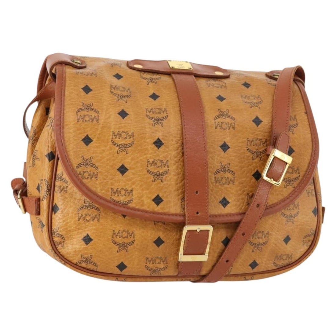 MCM Brown PVC Leather Shoulder Bag with Gold Accents: MCM Brown PVC Leather Shoulder Bag with Gold Accents This MCM shoulder bag features the iconic Vicetos logogram design in brown and gold PVC leather. Designed for women, the bag offers a spacious inte