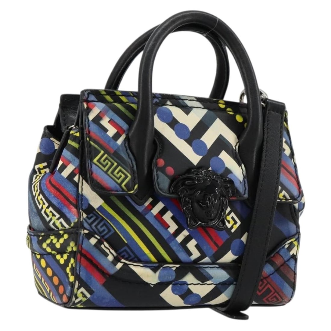 Gianni Versace Leather Multicolor Silver Shoulder Bag with Strap: Gianni Versace Leather Multicolor Silver Shoulder Bag with Strap This Gianni Versace handbag is crafted from multicolor and silver leather, offering both hand-carry and shoulder-wear options with its 