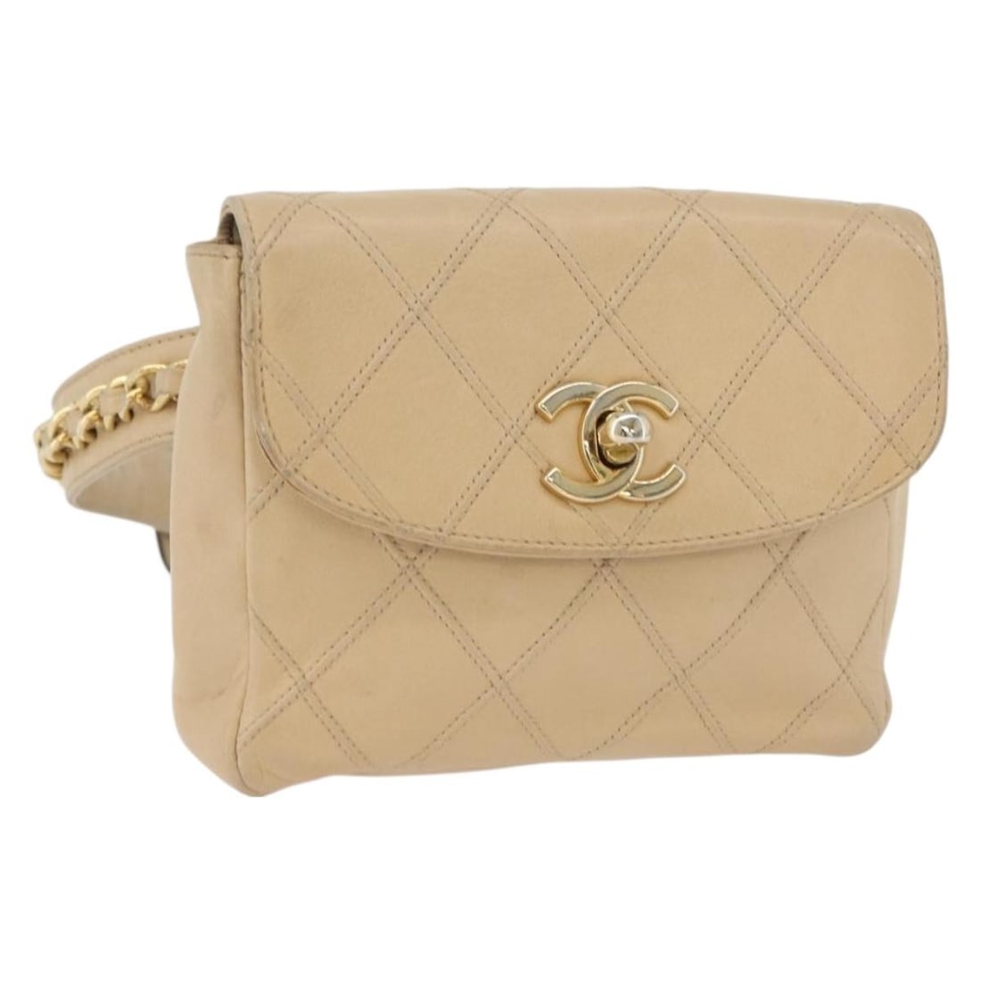 Chanel Beige Quilted Lambskin CC Flap Belt Bag: Chanel Beige Quilted Lambskin CC Flap Belt Bag This Chanel CC Flap Belt Bag is crafted from quilted lambskin leather in beige and features the iconic CC logo on the flap. Designed for women, this bag 