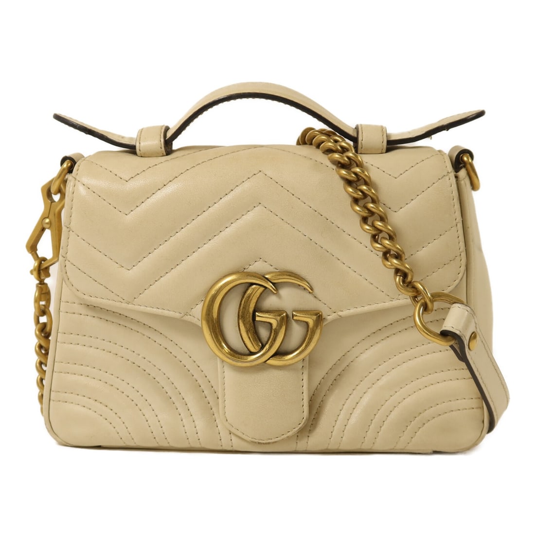 White Calfskin Marmont Shoulder Bag with Gold Chain by Gucci: White Calfskin Marmont Shoulder Bag with Gold Chain by Gucci This Gucci GG Marmont 2 Way Chain Shoulder Bag is crafted from white calfskin leather and features a versatile design suitable for shoulder