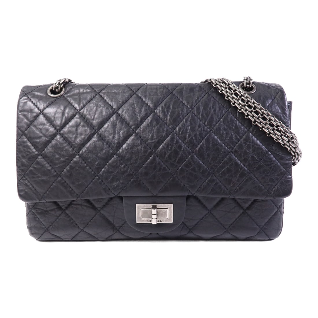 Chanel 2.55 Black Calfskin Large Shoulder Bag with Silver Tone Chain: Chanel 2.55 Black Calfskin Large Shoulder Bag with Silver Tone Chain This CHANEL 2.55 large chain shoulder bag is crafted from black calfskin leather and designed for women. The bag features silver-to