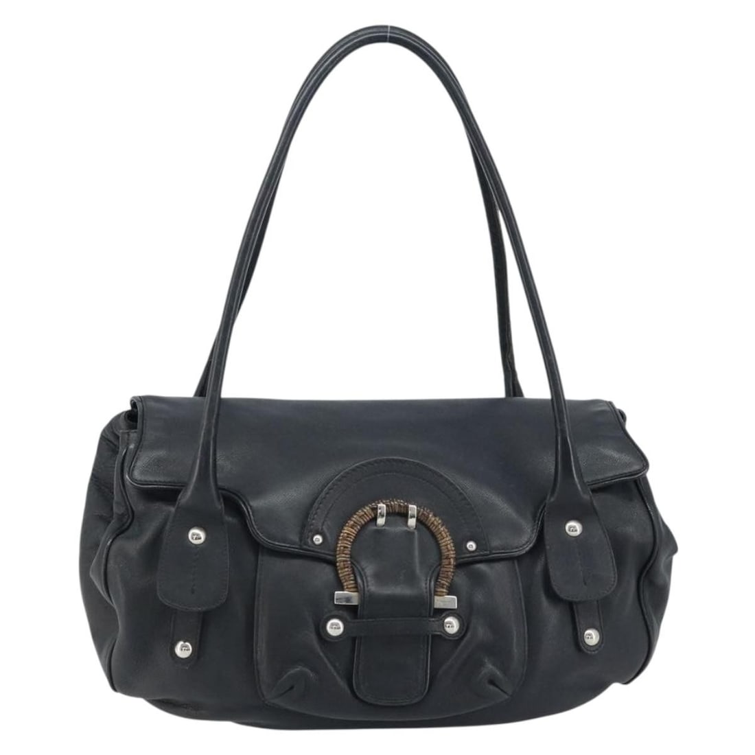 Ferragamo Gancini black leather handbag: Ferragamo Gancini black leather handbag This Salvatore Ferragamo Gancini handbag is crafted from black leather and features the iconic Gancini design. Made in Italy, it is designed for women and offer