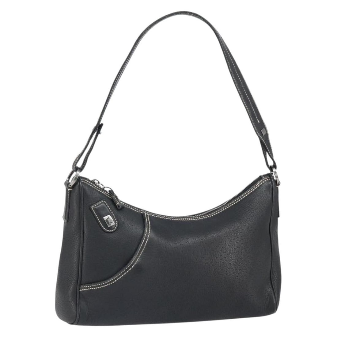 Black Leather Ferragamo Shoulder Bag with Silver Accents Italy: Black Leather Ferragamo Shoulder Bag with Silver Accents Italy This Salvatore Ferragamo shoulder bag features black leather with silver-tone accents. Crafted in Italy, the bag offers a compact, square