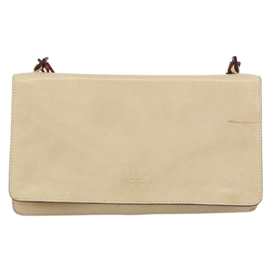 Beige Leather Prada Flap Shoulder Bag for Women: Beige Leather Prada Flap Shoulder Bag for Women This Prada Flap Shoulder Bag is crafted from beige leather and designed for women. The bag features a flap closure and a shoulder strap. As a pre-owned 