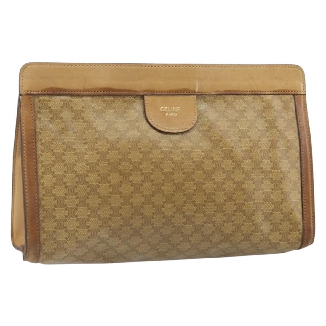 Beige Macadam Canvas and PVC Leather Clutch by CELINE Made in Italy: Beige Macadam Canvas and PVC Leather Clutch by CELINE Made in Italy This CELINE clutch bag features a beige macadam canvas exterior with PVC leather accents, crafted in Italy. The bag shows signs of h