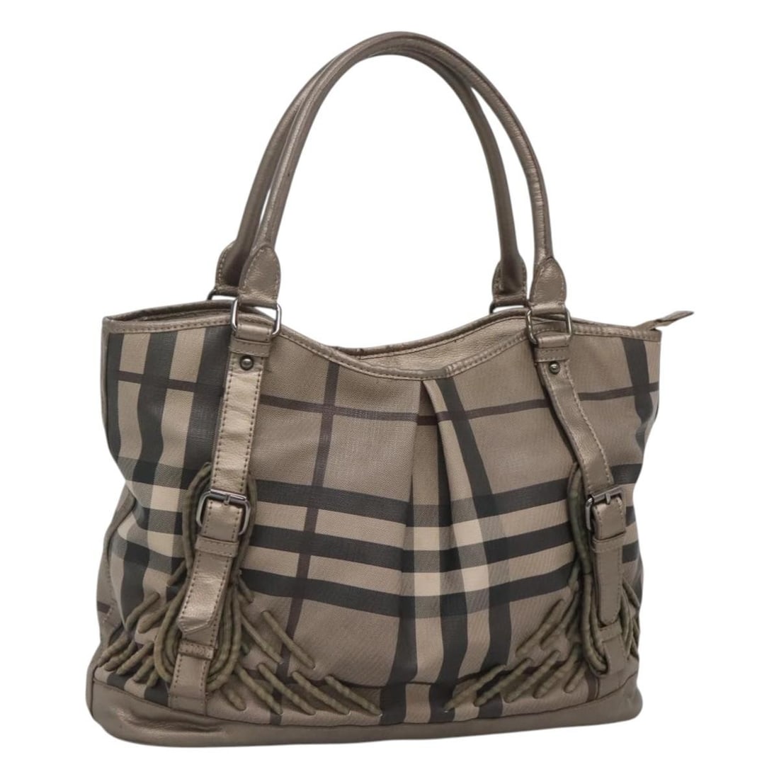 Burberry gray PVC leather tote bag Nova Check 40cm: Burberry gray PVC leather tote bag Nova Check 40cm This Burberry Nova Check tote bag features a gray PVC leather exterior and is designed for women. The bag has a spacious interior and sturdy handles 