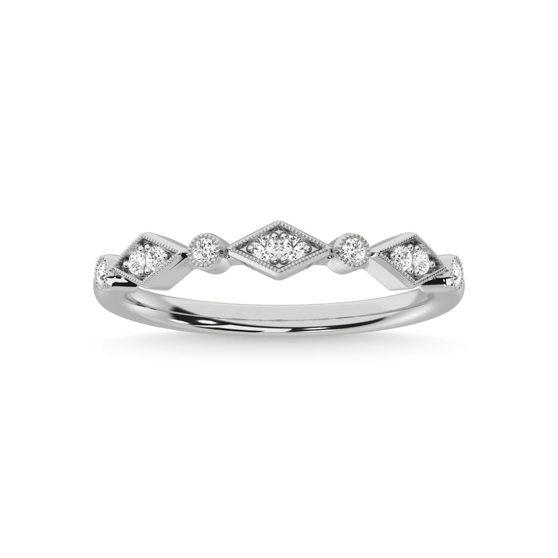 14K White Gold Diamond 1/8 Ct.Tw. Stackable Band: 14K White Gold Diamond 1/8 Ct.Tw. Stackable Band 14k White Gold Stone Color: G-h Stone Clarity: Si3 Each ring is presented in standard size 6.5. Complimentary resizing is available between sizes 510 (